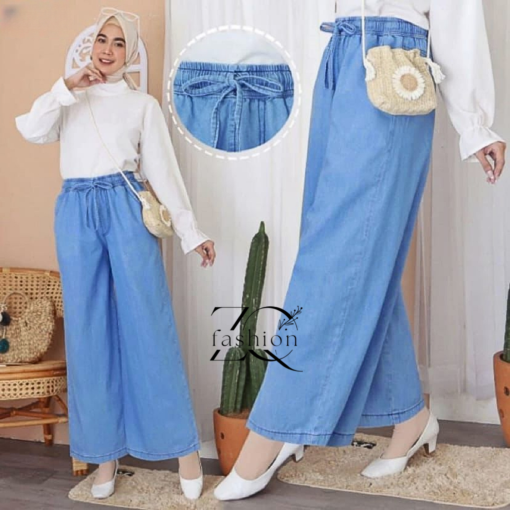 Berkualitas Kulot Jeans Pinggang Karet - Celana Jeans Kulot Wanita Full Pinggang Karet Tali Serut
