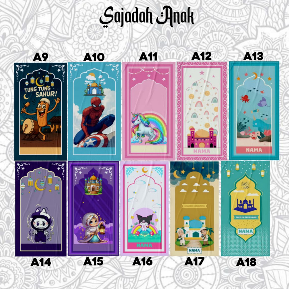 SAJADAH ANAK CUSTOME NAMA KARAKTER LAKI - LAKI DAN PEREMPUAN FULL PRINTING