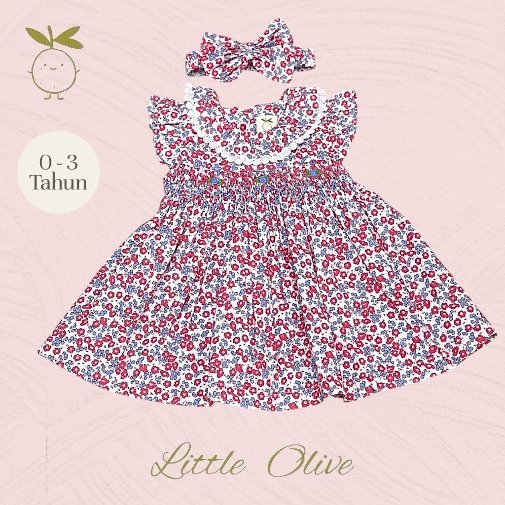 Little Olive- Kyara Dress | 0-3 Tahun | Dress Anak Newborn | Baju Bayi | Motif Bunga Smocked Dress
