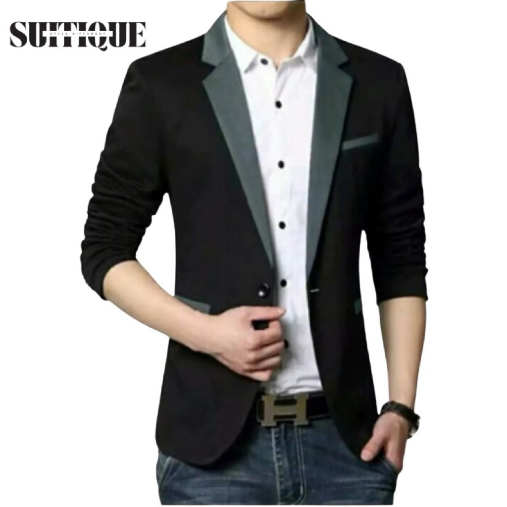 Suitique ID – Blazer Slim Fit Pria Warna Hitam Kombinasi Abu-abu Stylish Korea Elegan Formal Casual