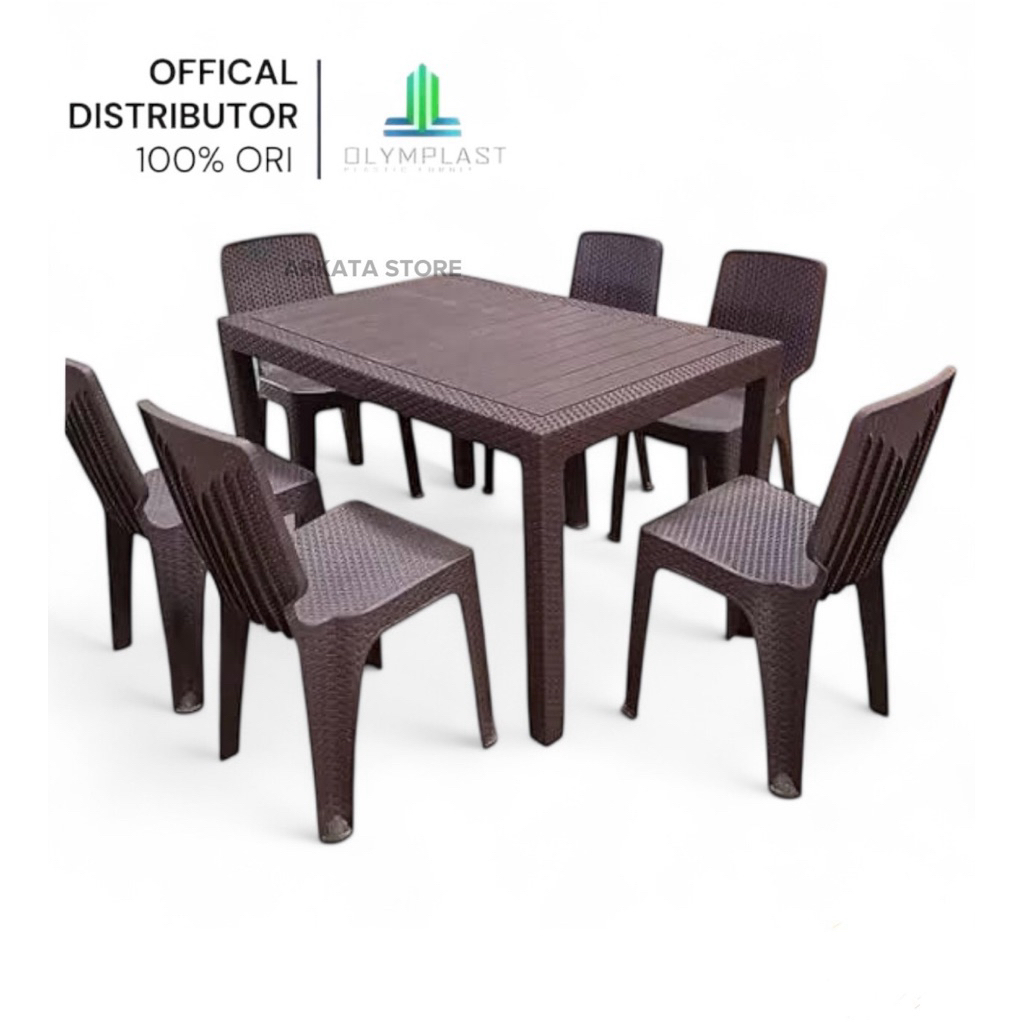 1 Set meja Makan Plastik 120 ODT-R + 6 Kursi Olymplast Rotan OL 208