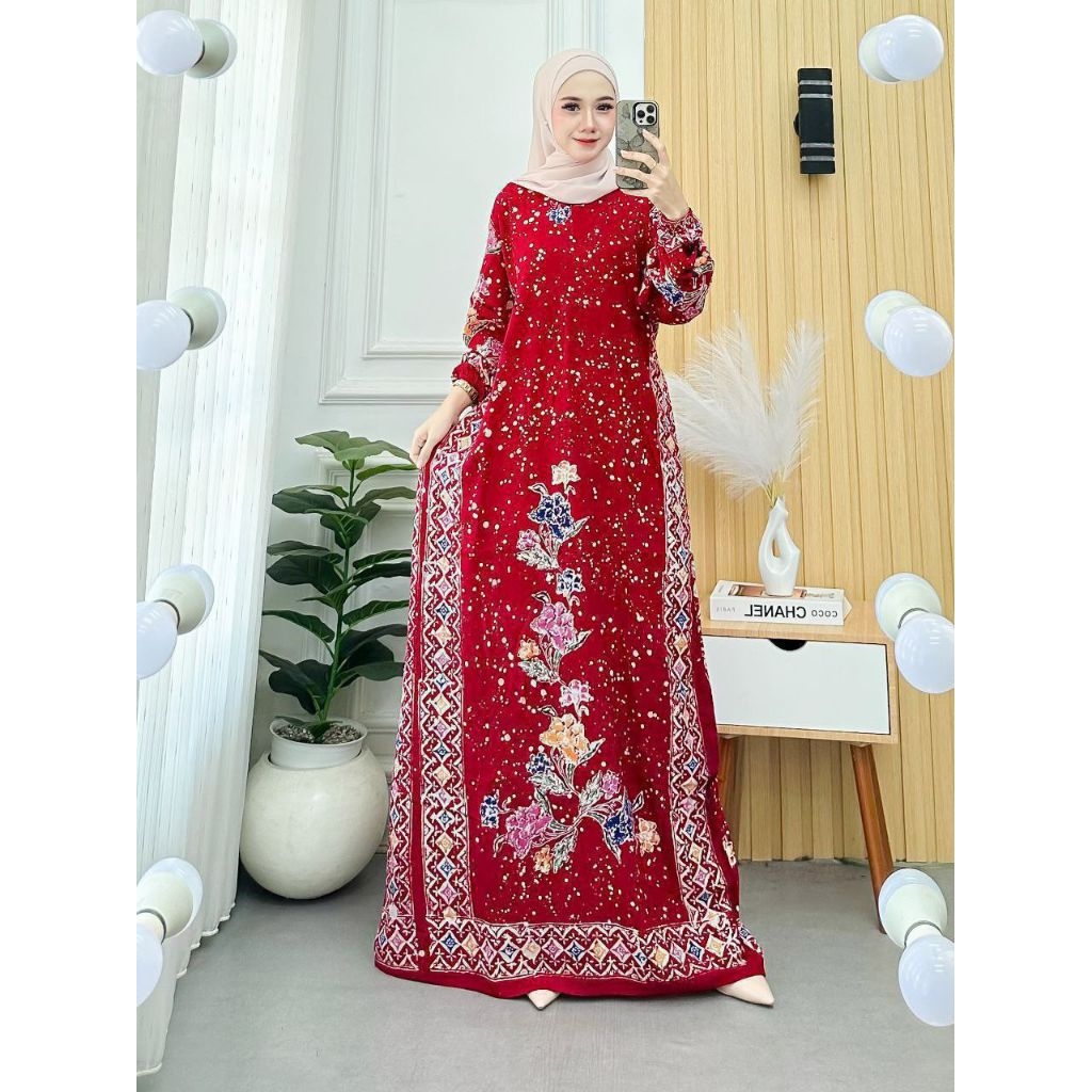 Gamis Batik Encim Adem Nyaman Panjang Muslimah-Kotak merah
