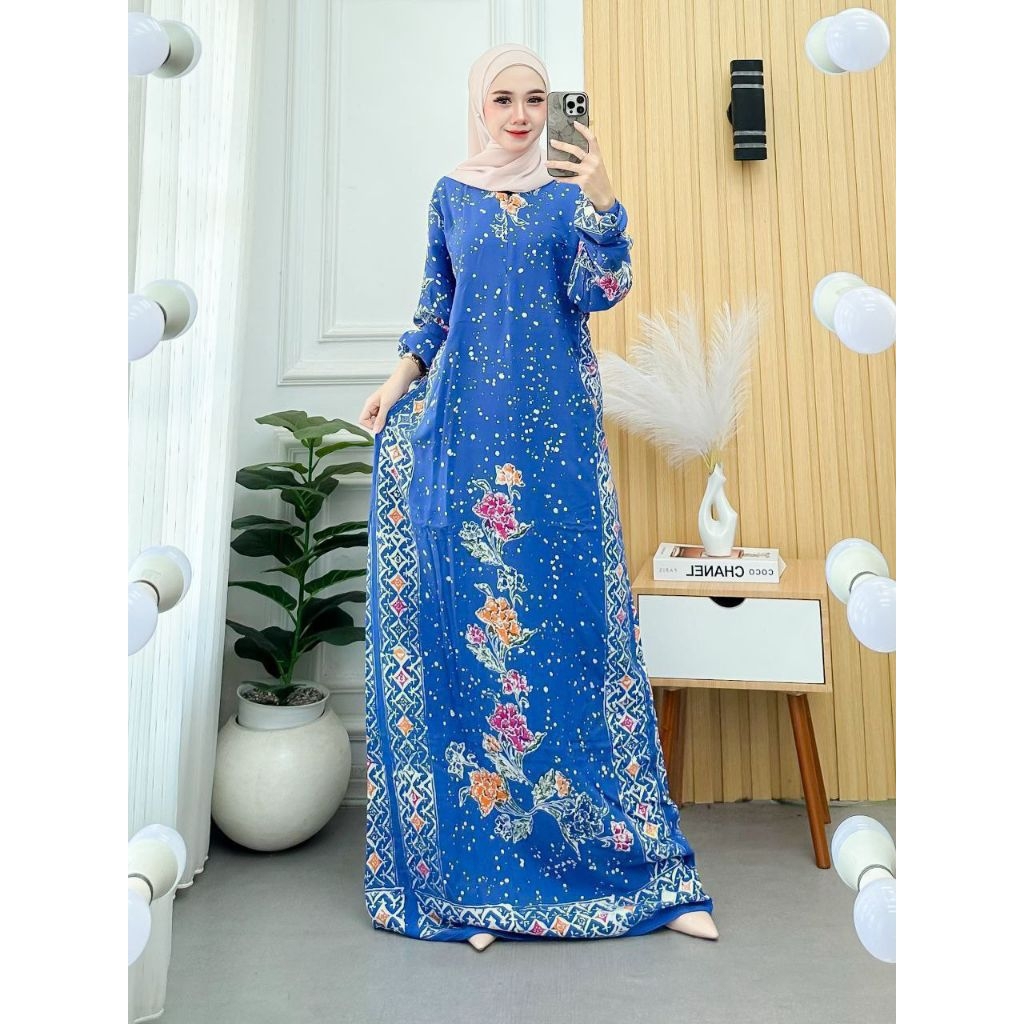 Gamis Batik Encim Adem Nyaman Panjang Muslimah-Kotak biru