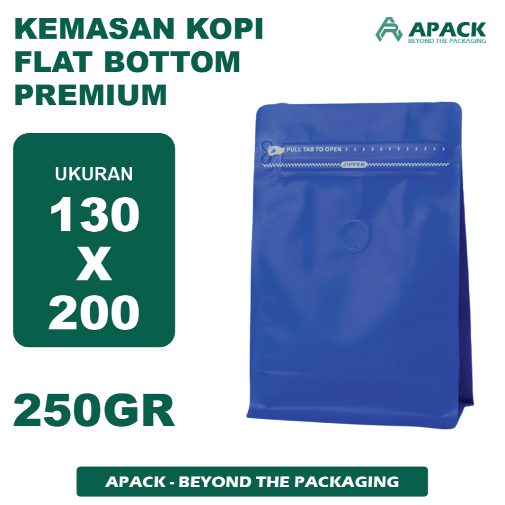 Kemasan Kopi 200 - 250 Gram Ziplock Biru Navy Flat Bottom | Valve | Zipper | Packaging Kopi