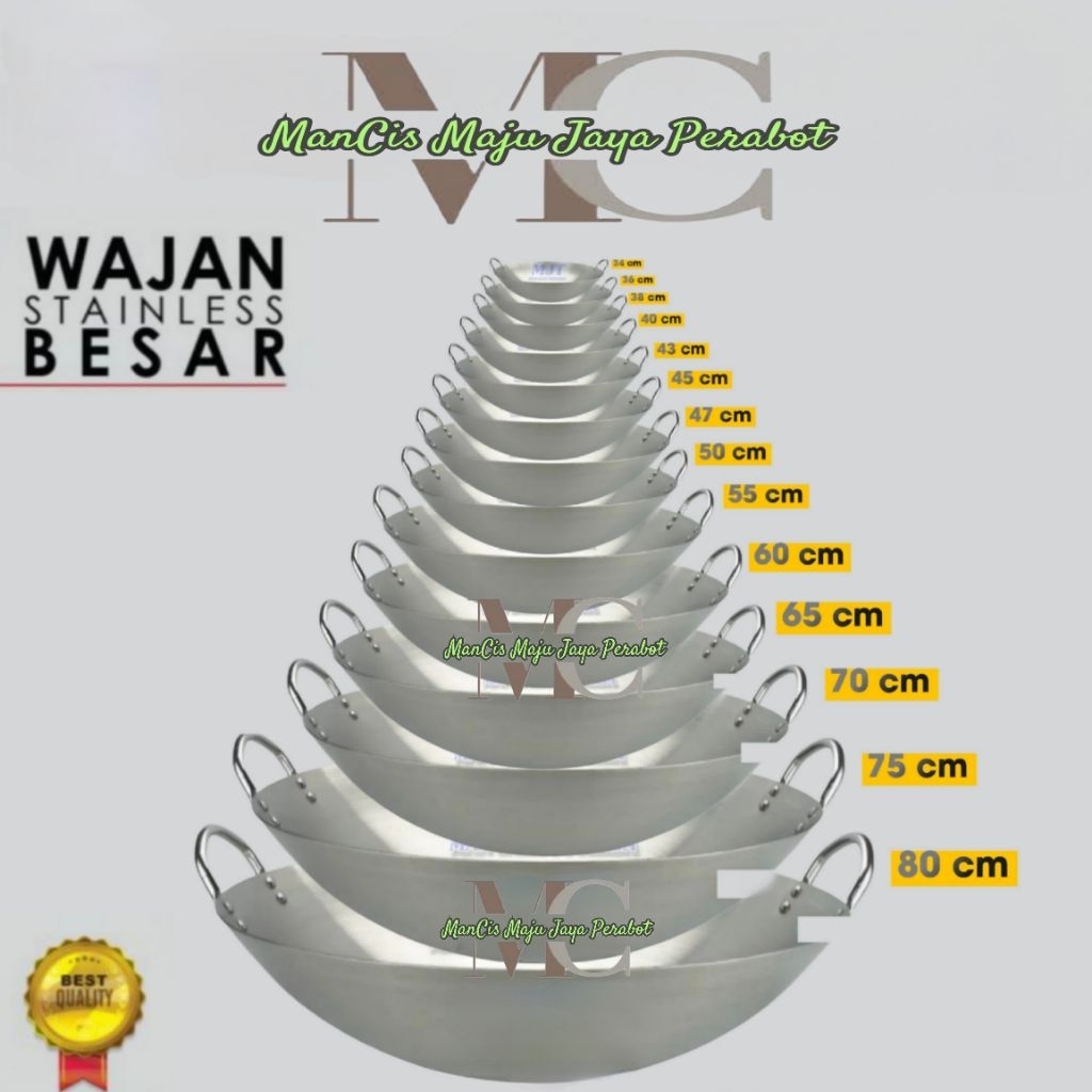 Kuali stainless steel besar ukuran 47 CM 50 CM 55 CM 60 CM wajan jumbo penggorengan wajan koki