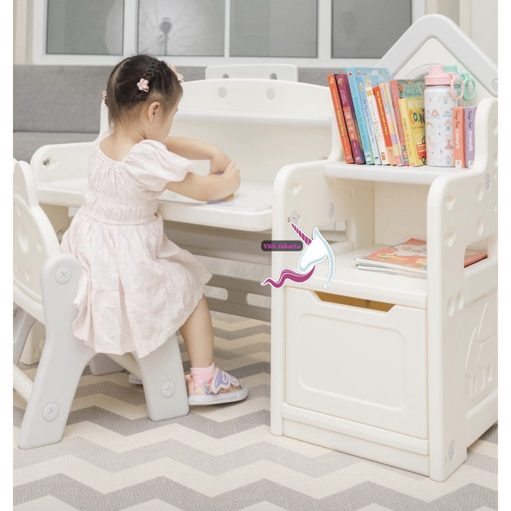 MEJA BELAJAR 5in1 ANAK BLOCK TABLE BERMAIN SUSUN BALOK LEMARI DRAWER LEARNING DESK SET KURSI CHAIR P