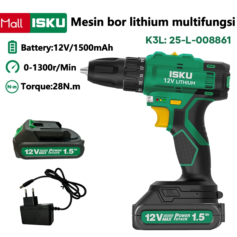 ISKU Bor Baterai Mulitifungsi 12V 1500mAh Battery Cordless Drill Mesin Bor Lithium /Lithium Electric
