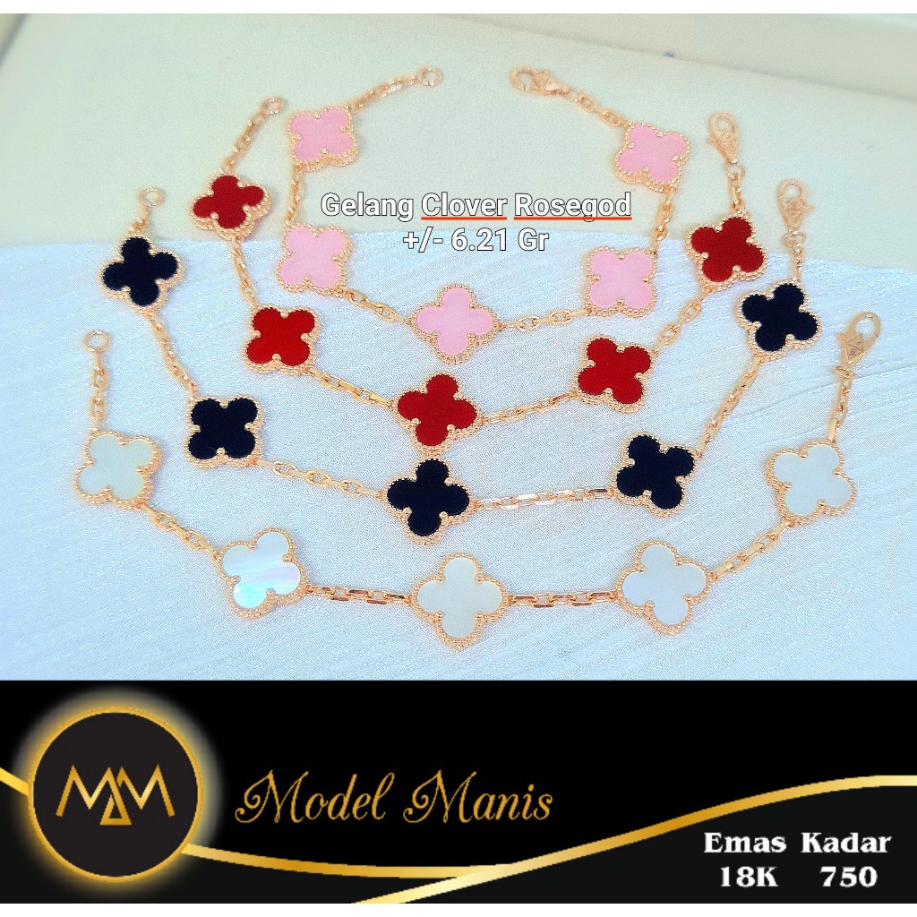 Gelang Clover Warna Medium Italy AU Rosegold 750 kadar 18k