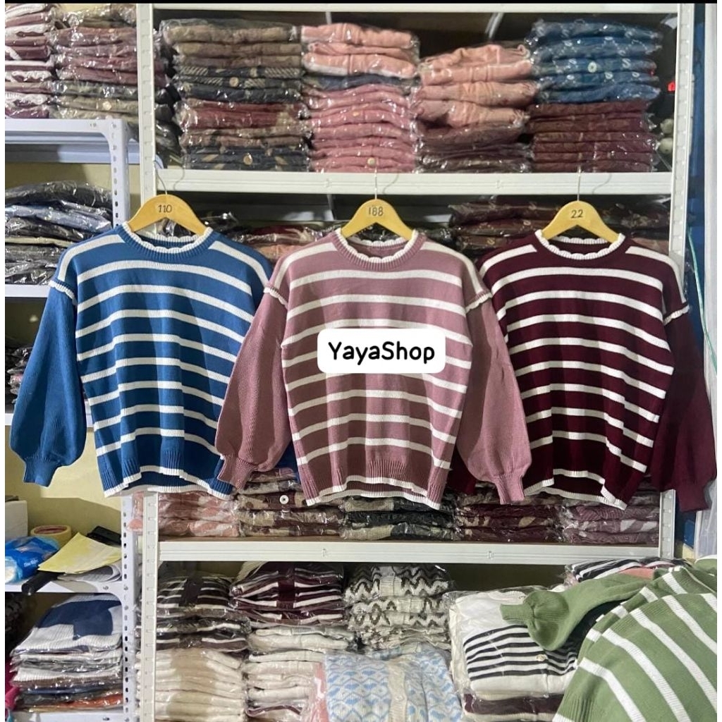 Sweater Rajut Stripe Tangan Balon/Rajut Tangan Balon/ Sweater Rajut
