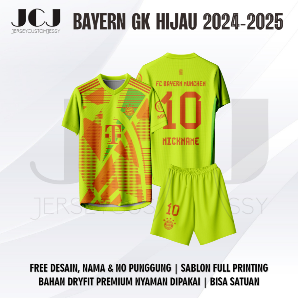 Jersey Sepak Bola Custom Sport BAYERN GK HIJAU 2024 2025 PENDEK Free Custom Nama dan Nomor
