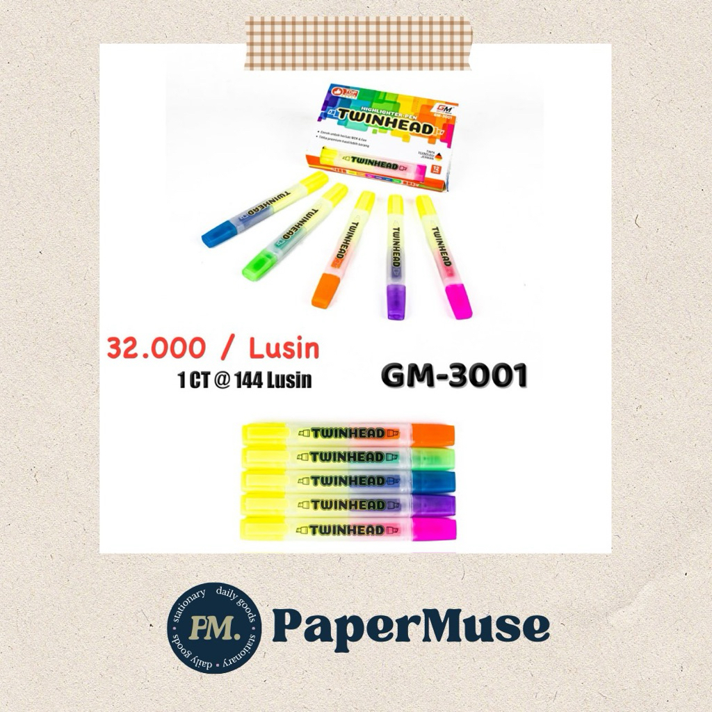 Highlighter Twinhead GM-3001 Gajahmada | Stabilo 2 Sisi Warna