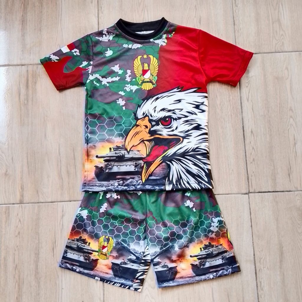 JERSEY ANAK SETELAN LORENG VARIASI TNI AD GARUDA HIJAU , FULL PRINTING SUBLIMATION , UNISEX UK 1-10 