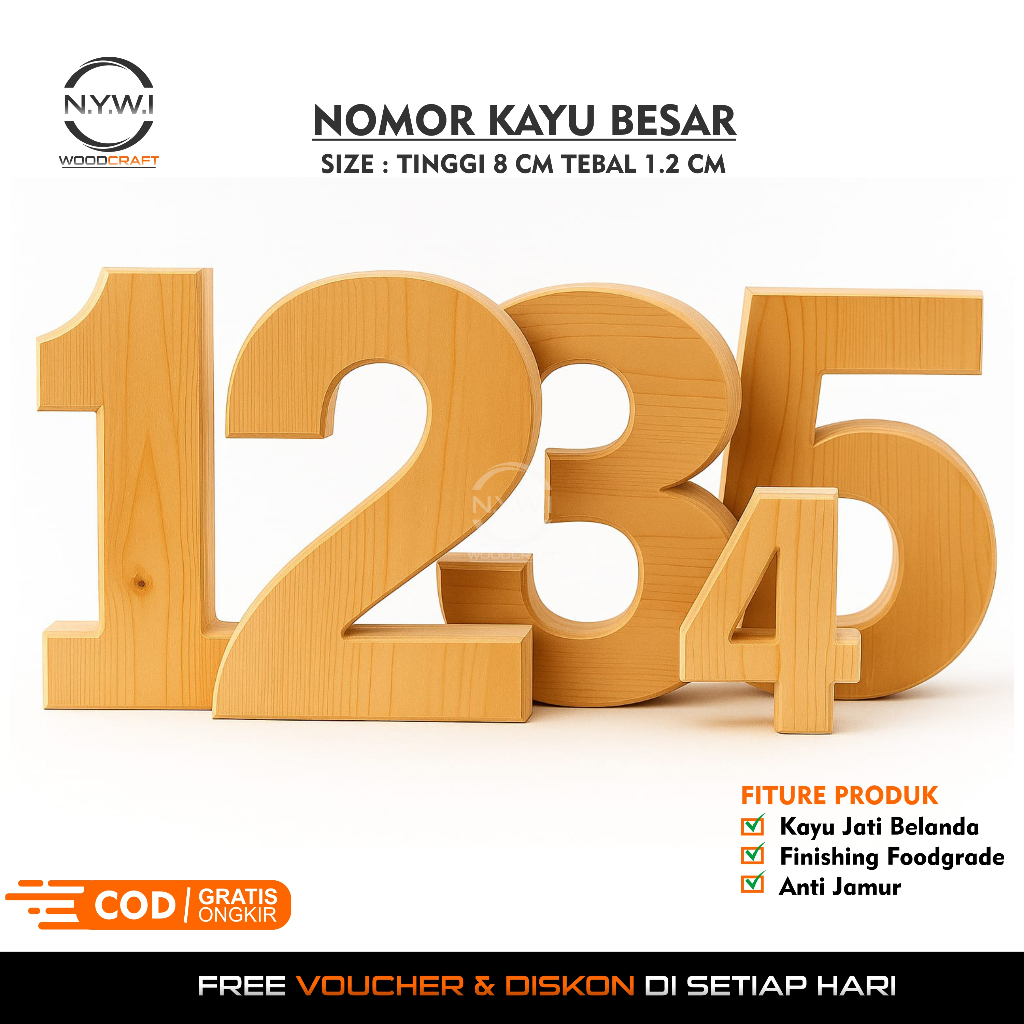 ( 8 cm ) Ukiran Angka Nomor Kayu Timbul Jati Belanda Untuk Dekorasi Nomor Rumah & Bahan Kerajinan