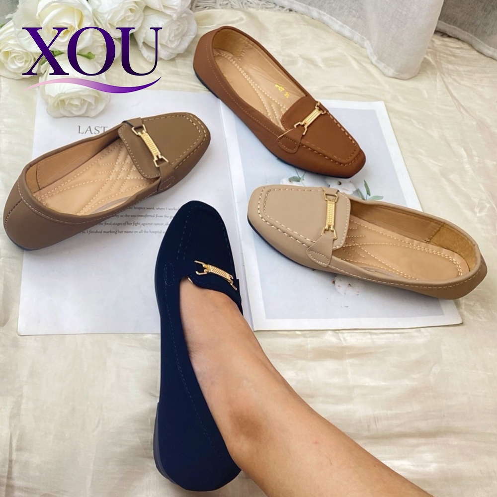 XOU FASHION Doll Shoes Ladies Sepatu Datar Wanita Loafers Metal Chain Decoration # A-07 (35--40)
