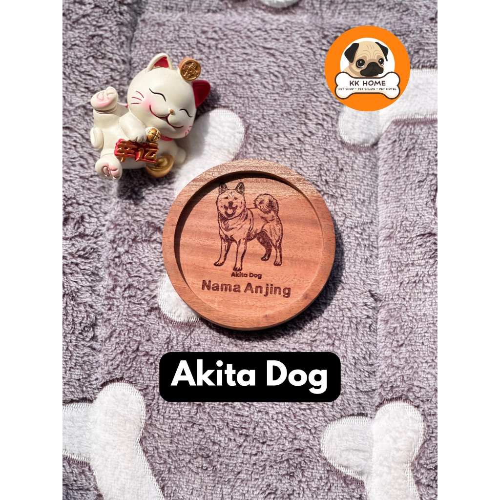 [FREE GRAFIR] Tatakan Gelas Kayu Custom Jenis Anjing Akita dan Nama 9Cm | Coaster Kayu Custom Jenis 