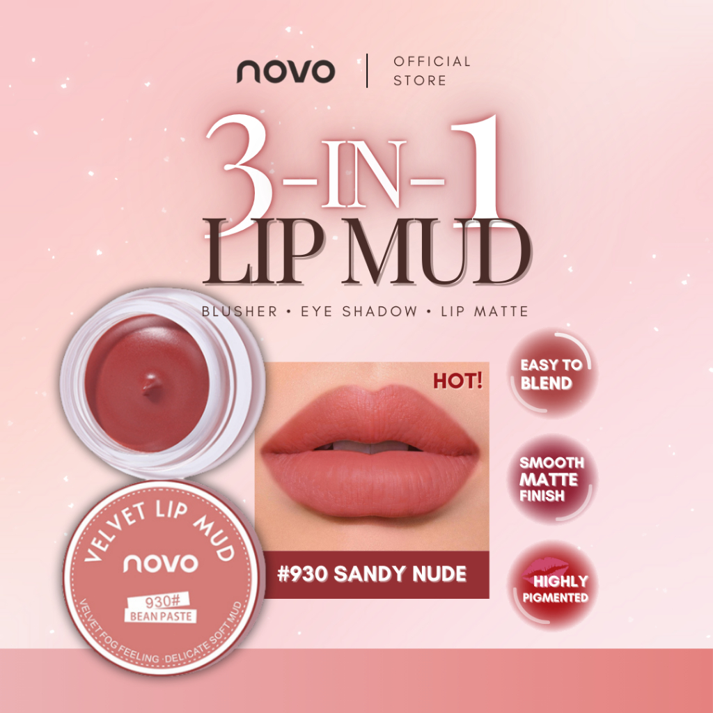 NOVO 3-in-1 Velvet Lip Mud Multipurpose Usage Blush Eye Shadow Lips Matte Finish 4 Shades 5g