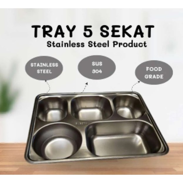 Tray Stainless/Piring/Tempat Makan/Food Tray Stainless 5 Sekat Tutup Plastik MBG
