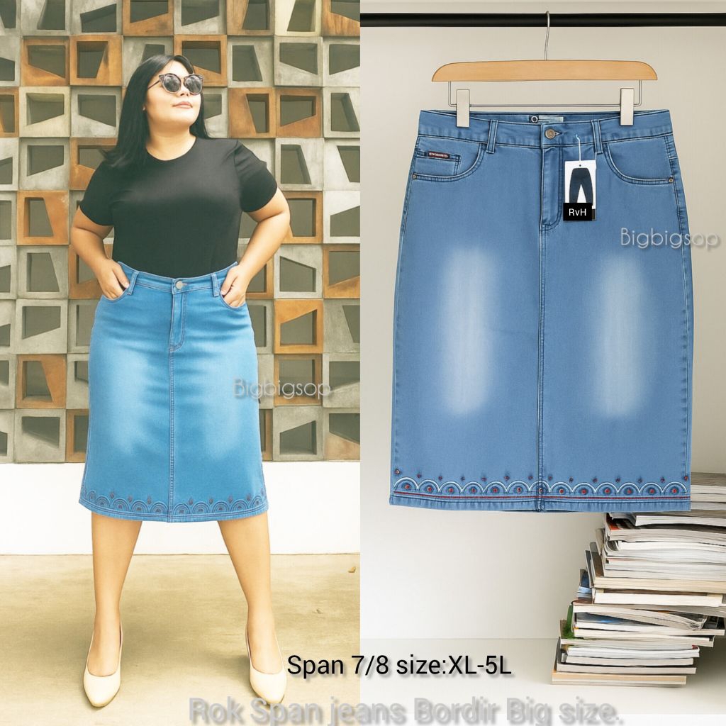 ROK SPAN JEANS STRETCH 7/8 MOTIF BORDIR ASLI,Rok span jeans bordir jumbo ,Rok span stretch-melar.