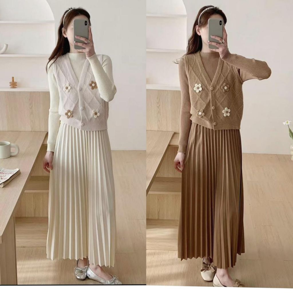 Real pic ORIGINAL dan TERMURAH MIDI Dress set Outer rajut PREMIUM Butik / 2in1 set Dress + Outer Jum