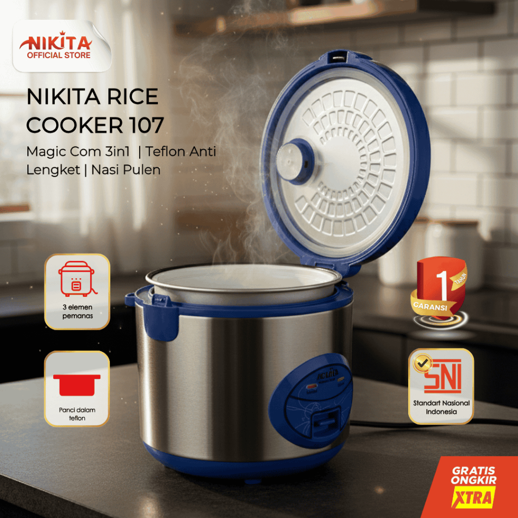 NIKITA Rice Cooker 107– Magic Com 3in1 | 1 Liter | Teflon Anti Lengket | Kukus |  Nasi Pulen  3D