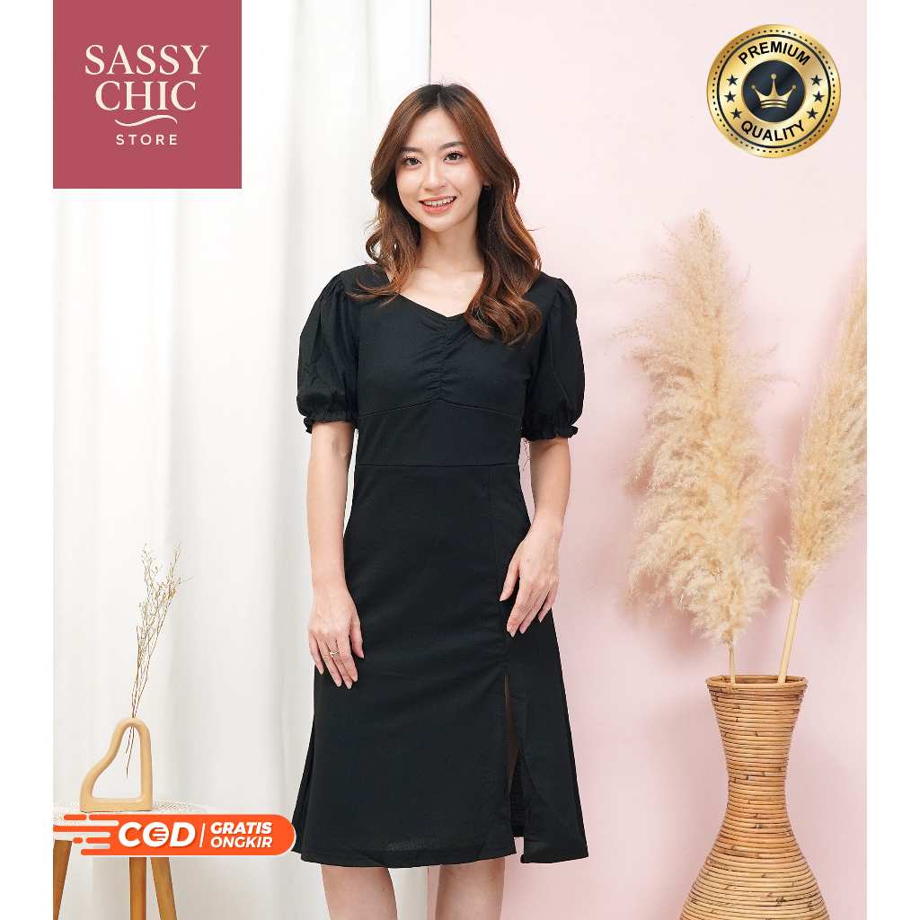 BIG SALE - Midi Dress Hitam Polos Korean Style - Dress Korean Anggun Katun
