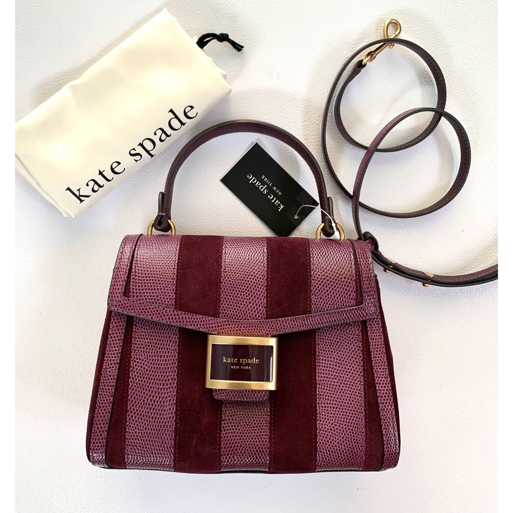Tas Branded Kate Spade Katy Top Handle Burgundy Striped Lizard Embossed Leather