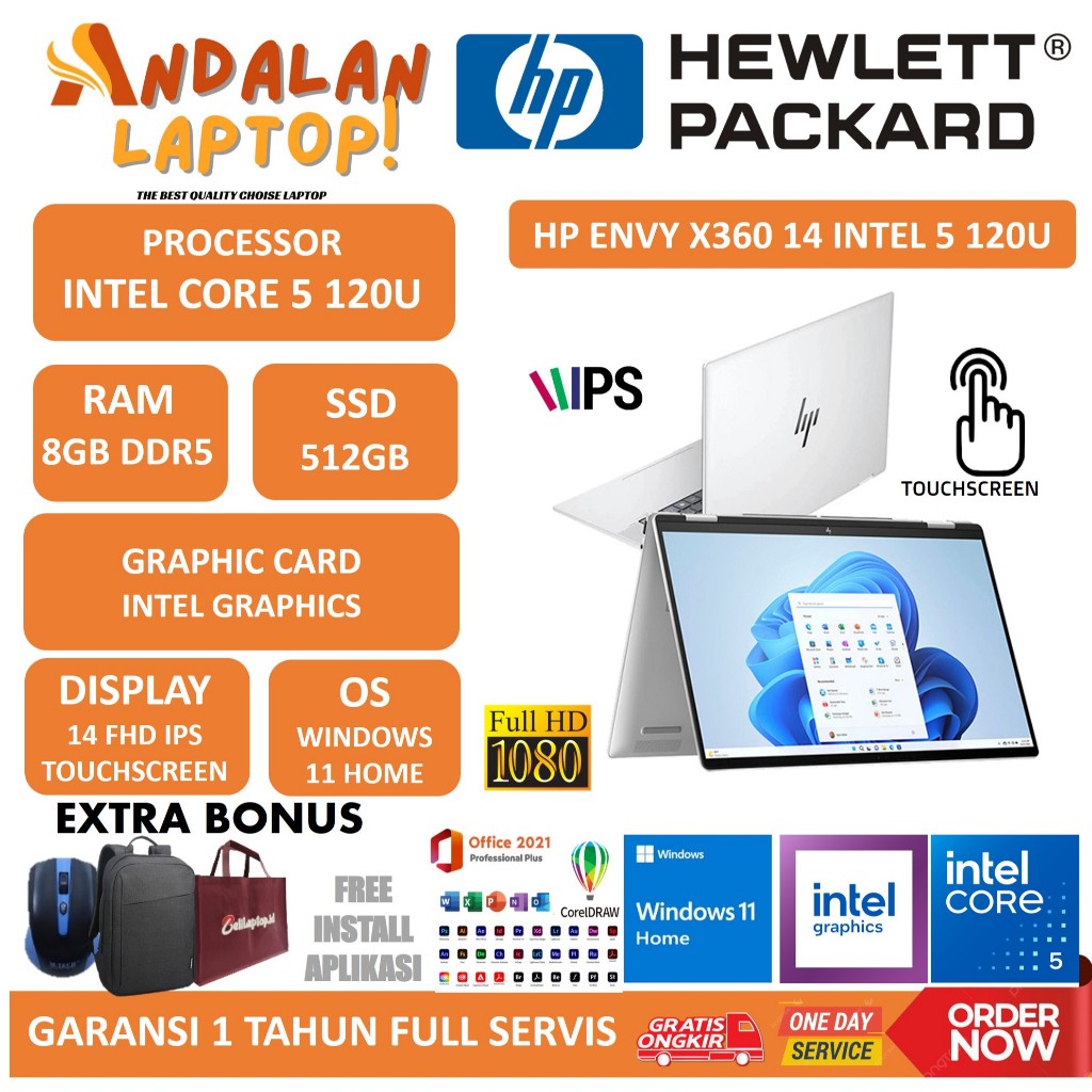 Laptop HP Envy x360  Intel Core 5  RAM 8GB  SSD 512GB  FHD Touch  Backlit + FP Windows 11