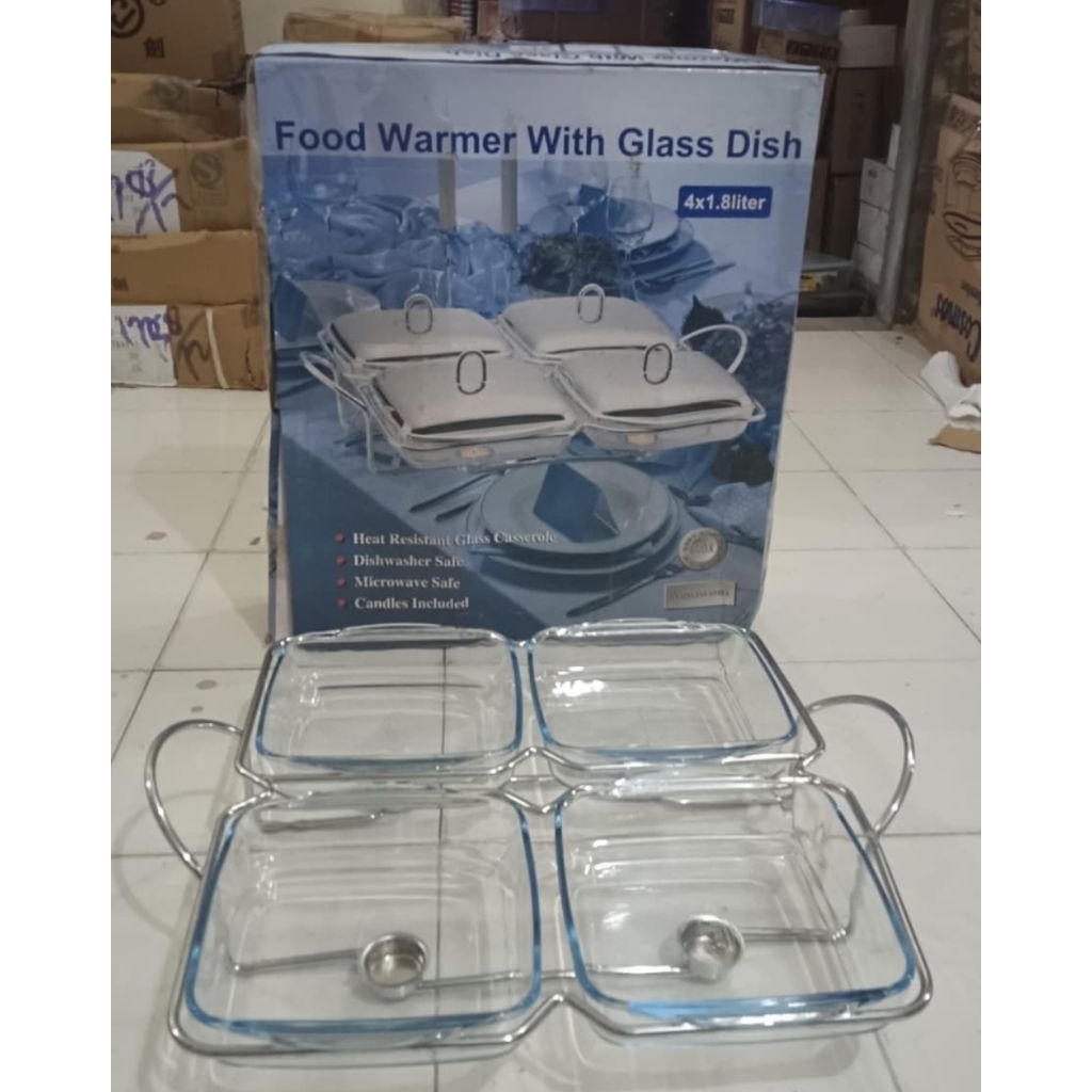 food warmer kaca segi Weston 4x1,8ltr tempat prasmanan segi wadah saji kaca