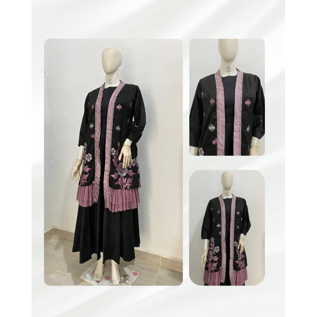 Setelan Dress Wanita Elegan Hitam Pink – Outer Bordir Bunga & Rok Panjang