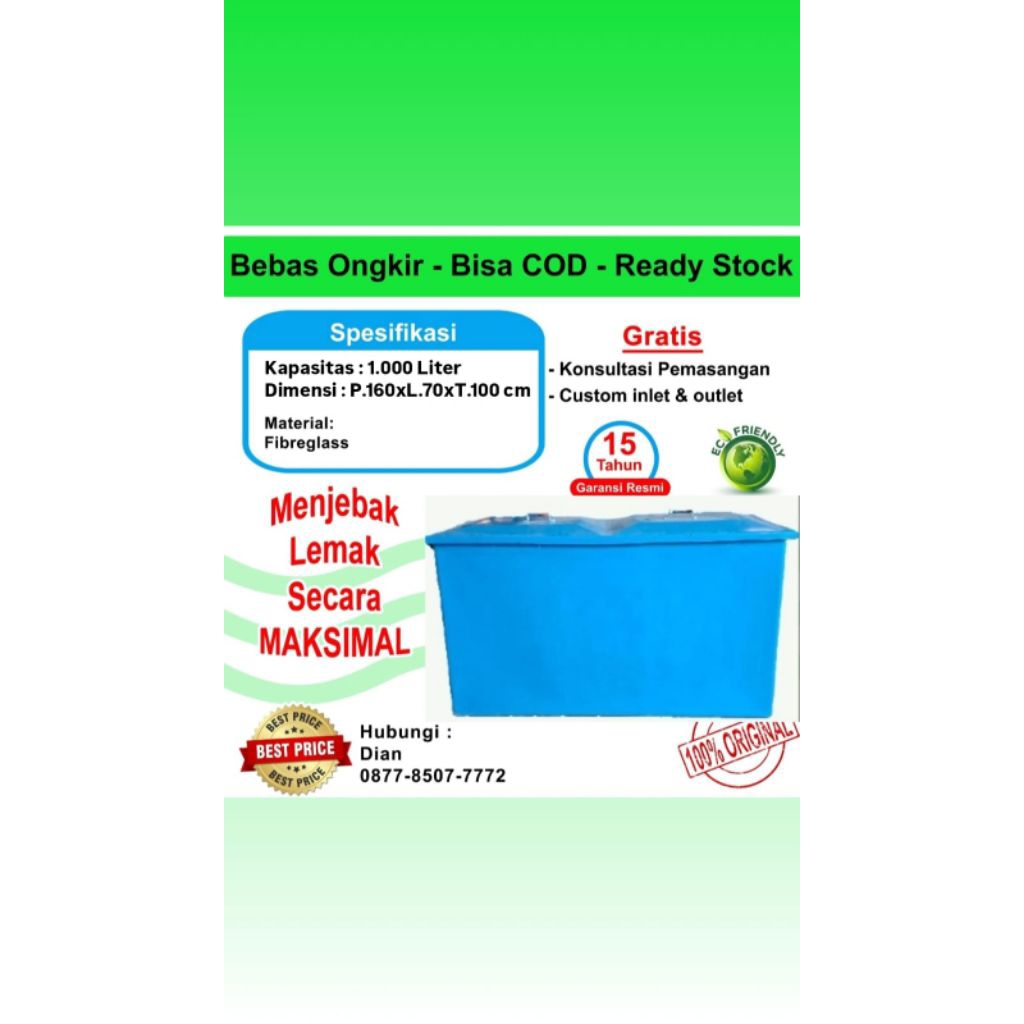 Grease Trap Fibreglass / IPAL Dapur / IPAL Resto /Penjebak Lemak Minyak 1000 Liter
