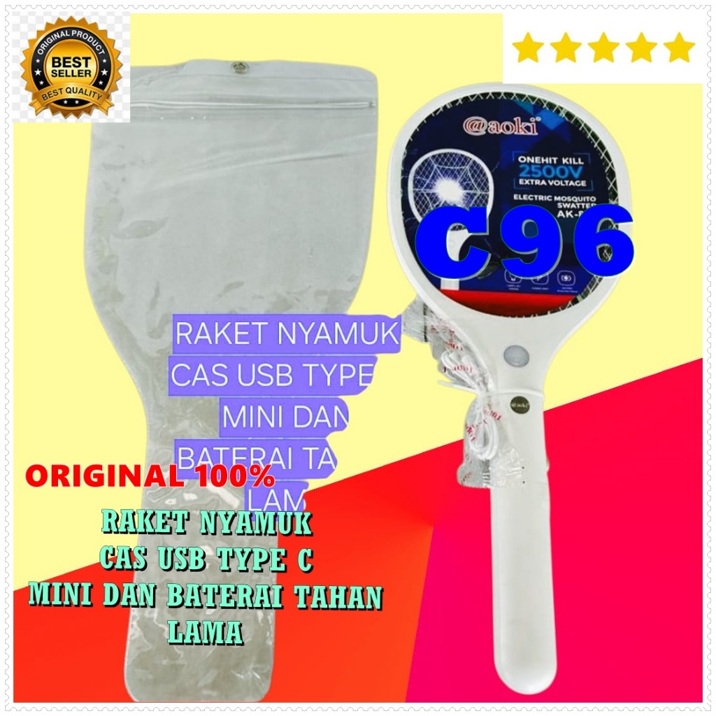 C96 Raket nyamuk USB TYPE TIPE C INPUT CAS CASAN LAMPU SENTER Aoki 100% ori membasmi basmi serangga 