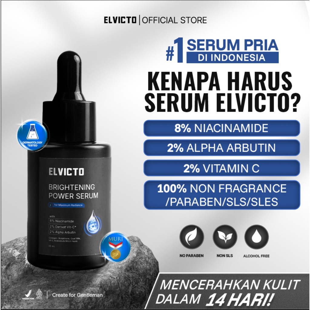 [REAL 8% NIACINAMIDE] ELVICTO BRIGHTENING POWER SERUM 30&50ml | Serum Pria Pencerah Wajah Pria Dark 