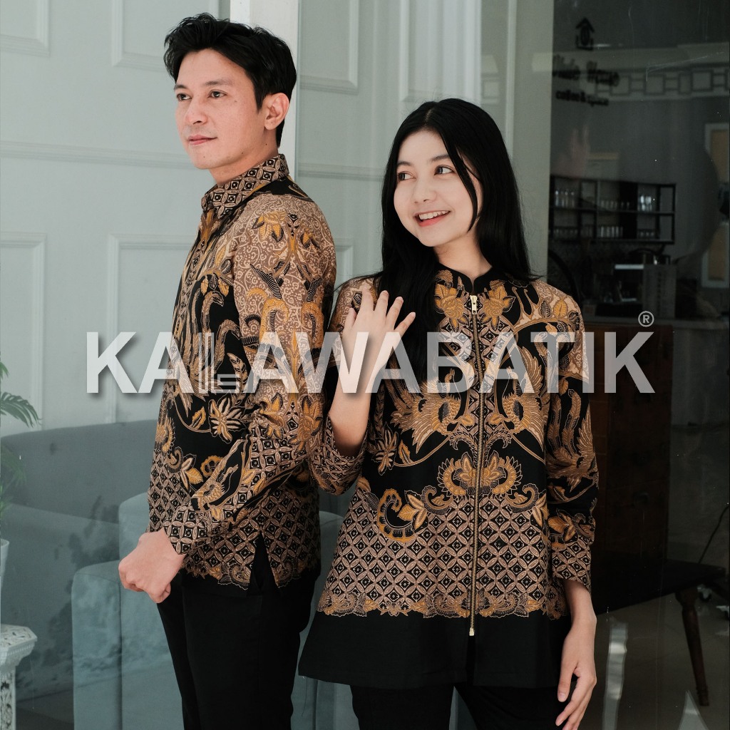 KALAWABATIK-Batik Pria Lengan Panjang-Tunik Wanita-Batik Pasangan-Motif Antasena Warna Hitam kombina