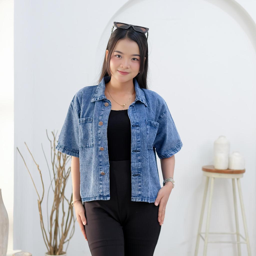 Kemeja Crop Jeans Wanita Lengan Pendek Denim 8oz