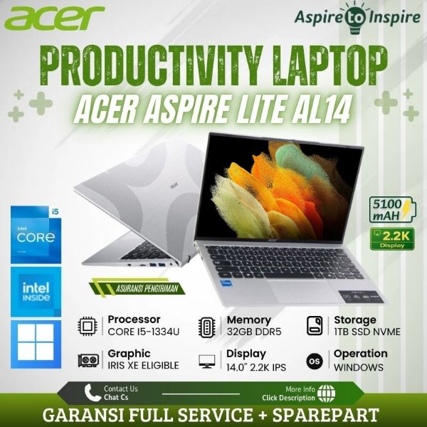 Laptop Acer Aspire Lite AL14-52M-57X6, Core i5-1334U, RAM 32GB DDR5, SSD 1TB, Layar 14” 2.2K IPS