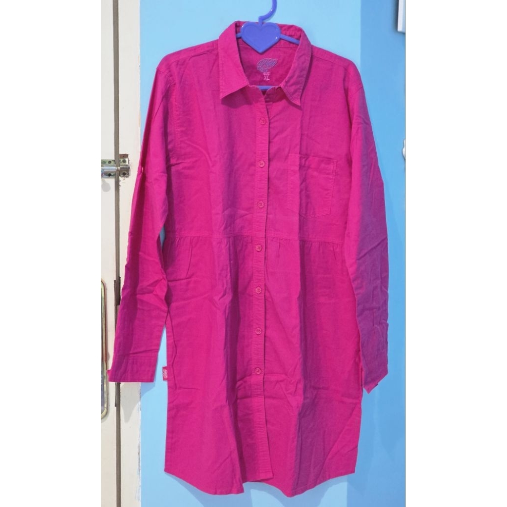 Dress Kemeja Rilley, Wanita lengan panjang warna Fushia, Size XL