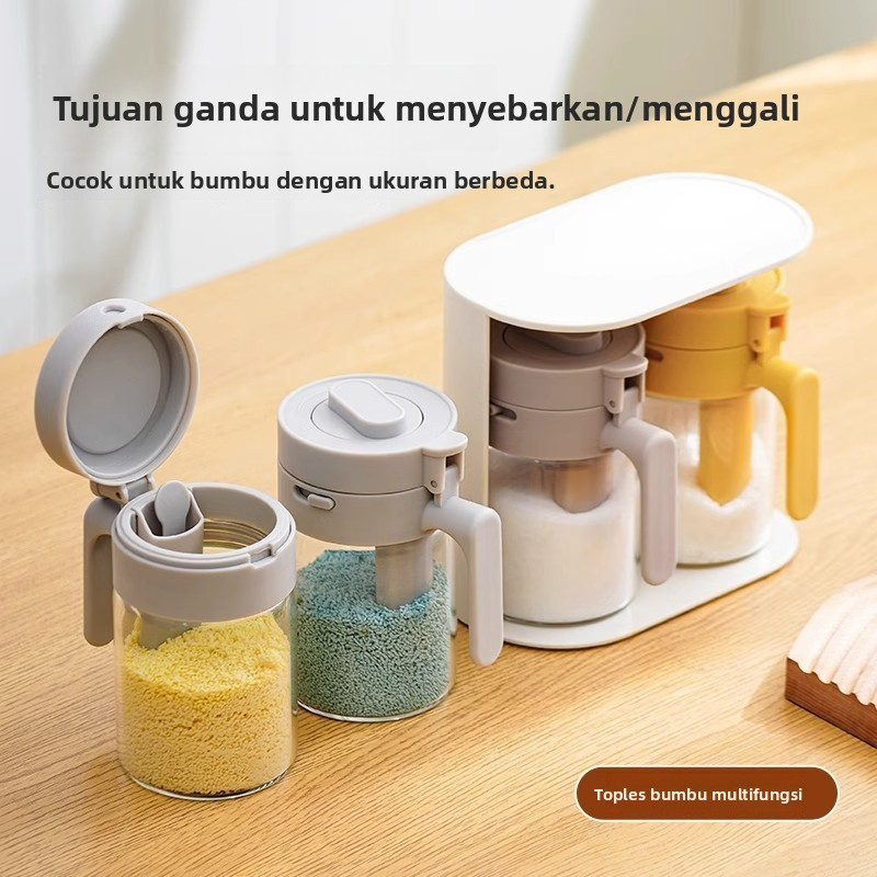 Kotak bumbu multifungsi, toples bumbu dengan sendok, toples bumbu kaca transparan, kotak bumbu, wada
