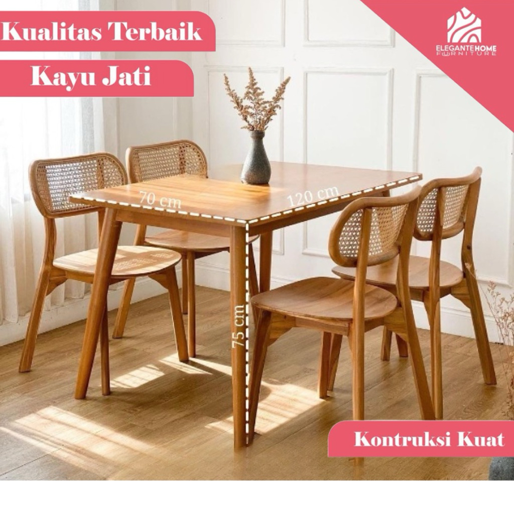 meja kursi makan rotan kayu jati, 1set kursi kacang rotan, meja makan minimalis, meja kursi makan ro