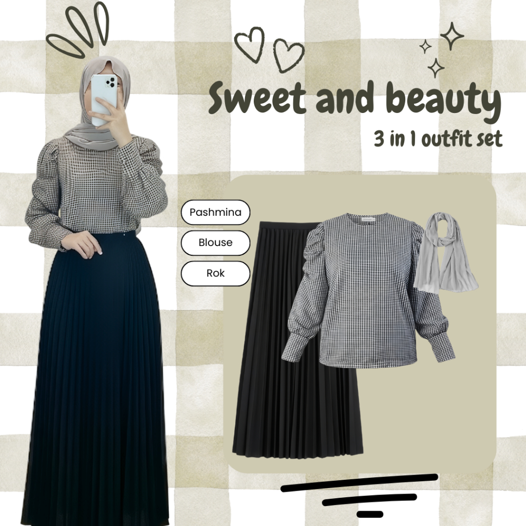 One Set Outfit Wanita 3 in 1 | Blouse motif kotak, Rok Plisket Premium, Pashmina Kaos Jersey Premium