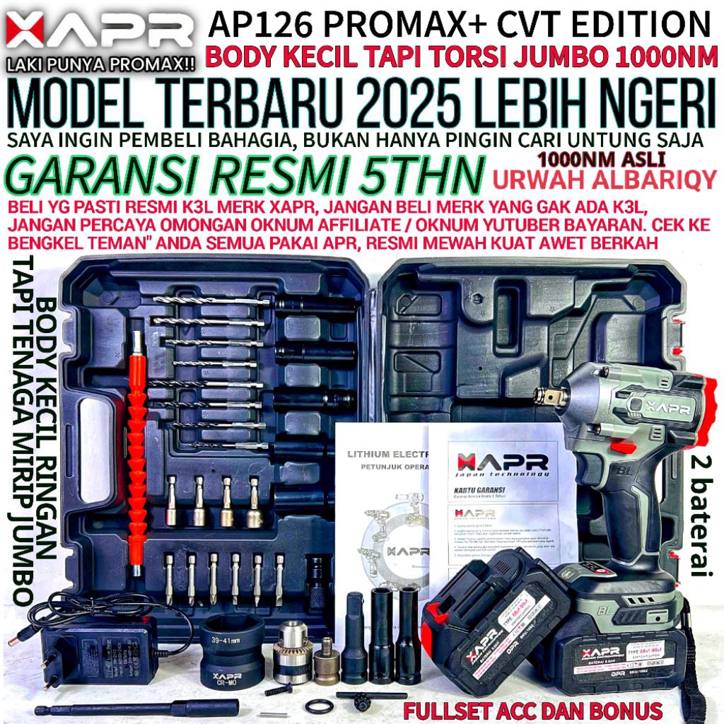 APR RAJA bor impact wrench ap126 promax plus 1000nm body kecil tenaga jumbo fullset koper 2 baterai 