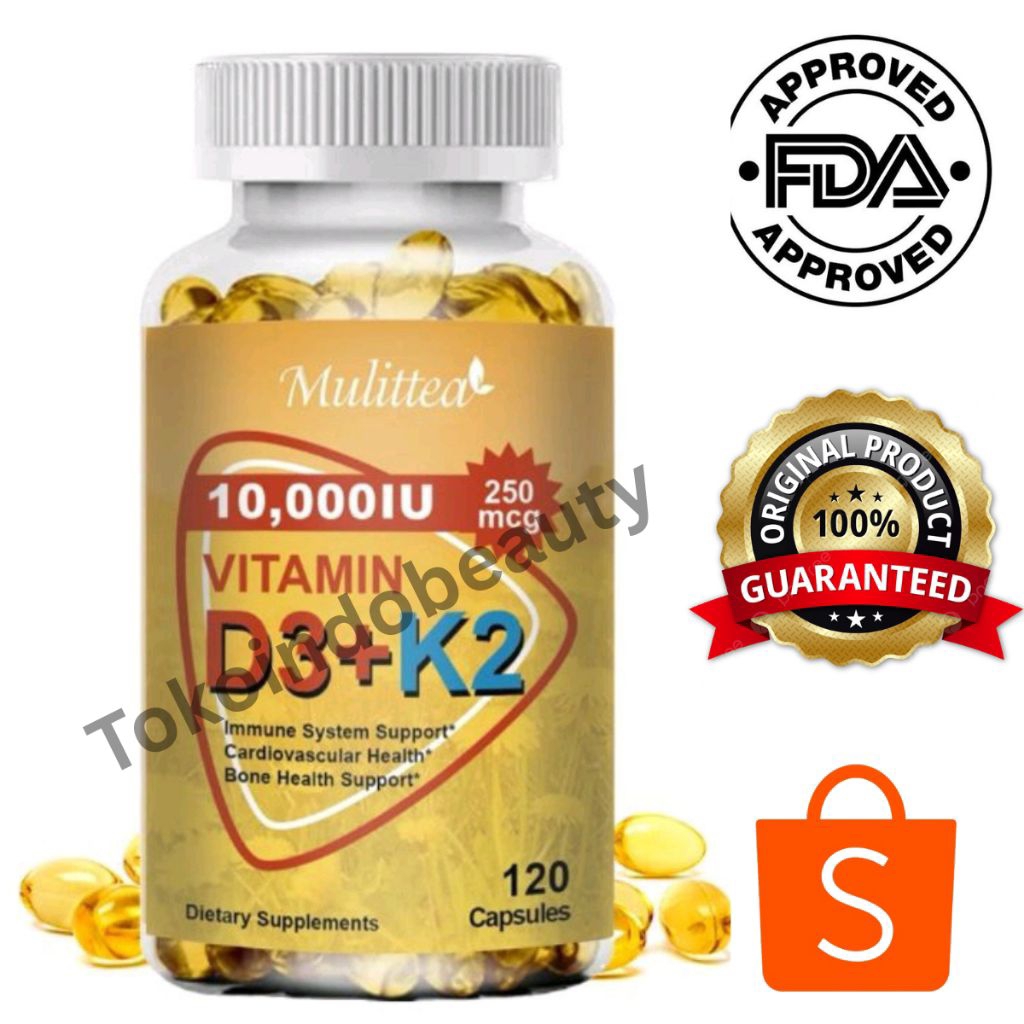 Mulittea Vitamin D3 + K2 (MK-7) 10,000iu Untuk Kesehatan Tulang, Osteoporosis Lansia & Kekebalan Tub