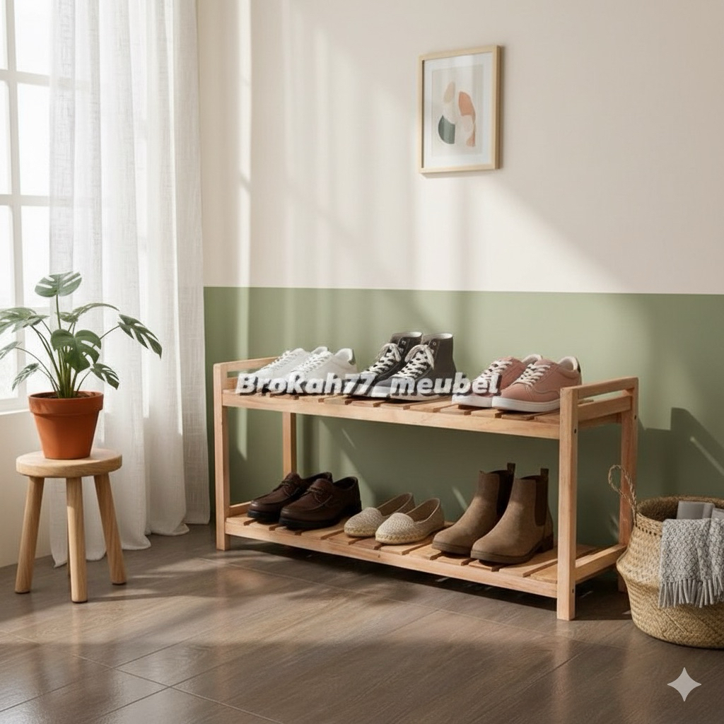 Rak sepatu minimalis // Rak sepatu 2 susun minimalis bahan kayu mahoni