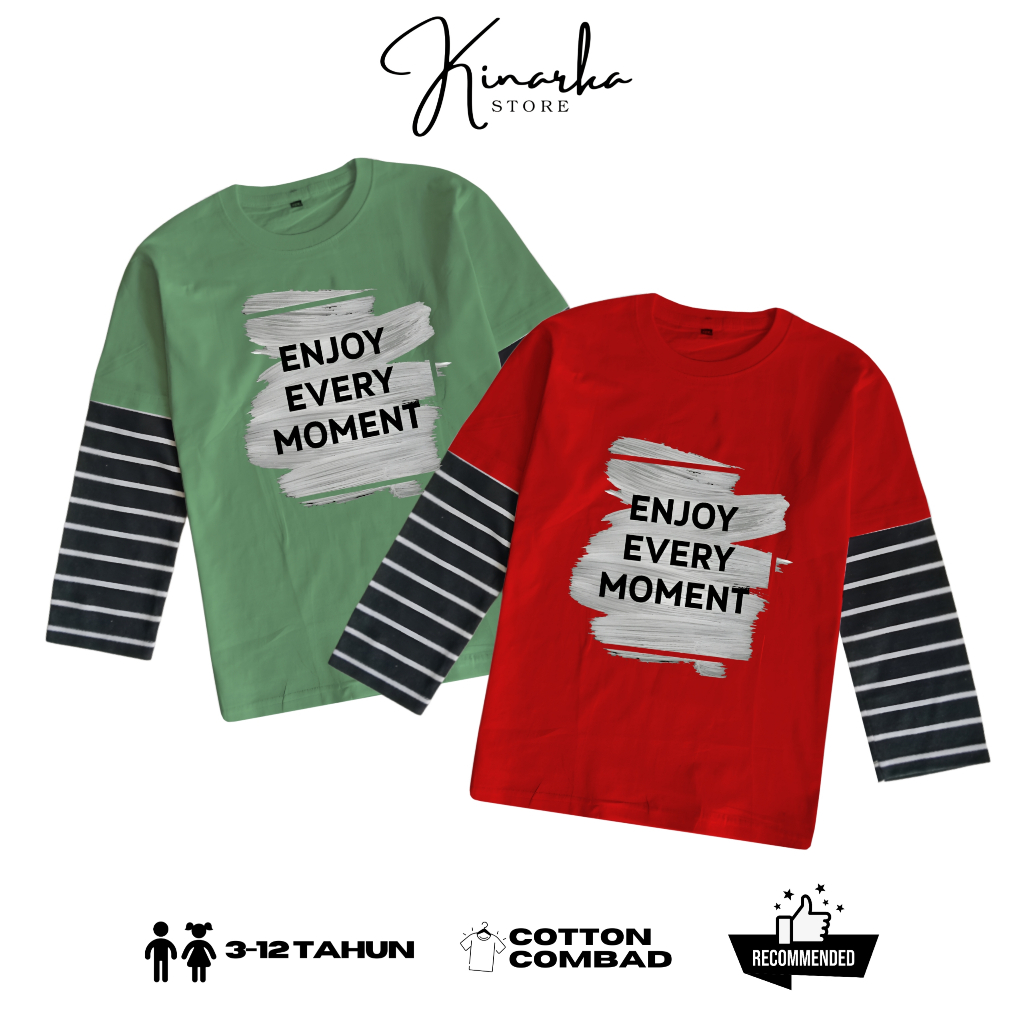KINARKA STORE Kaos Distro Anak Salur Kombinasi Lengan Panjang Motif Enjoy