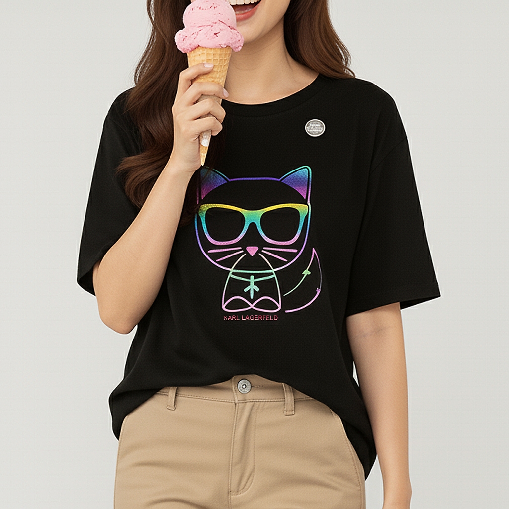 Kaos Oversize Wanita Karl Lagerfeld Cat Choupette Premium Baju Hitam Cotton Combed Import Distro