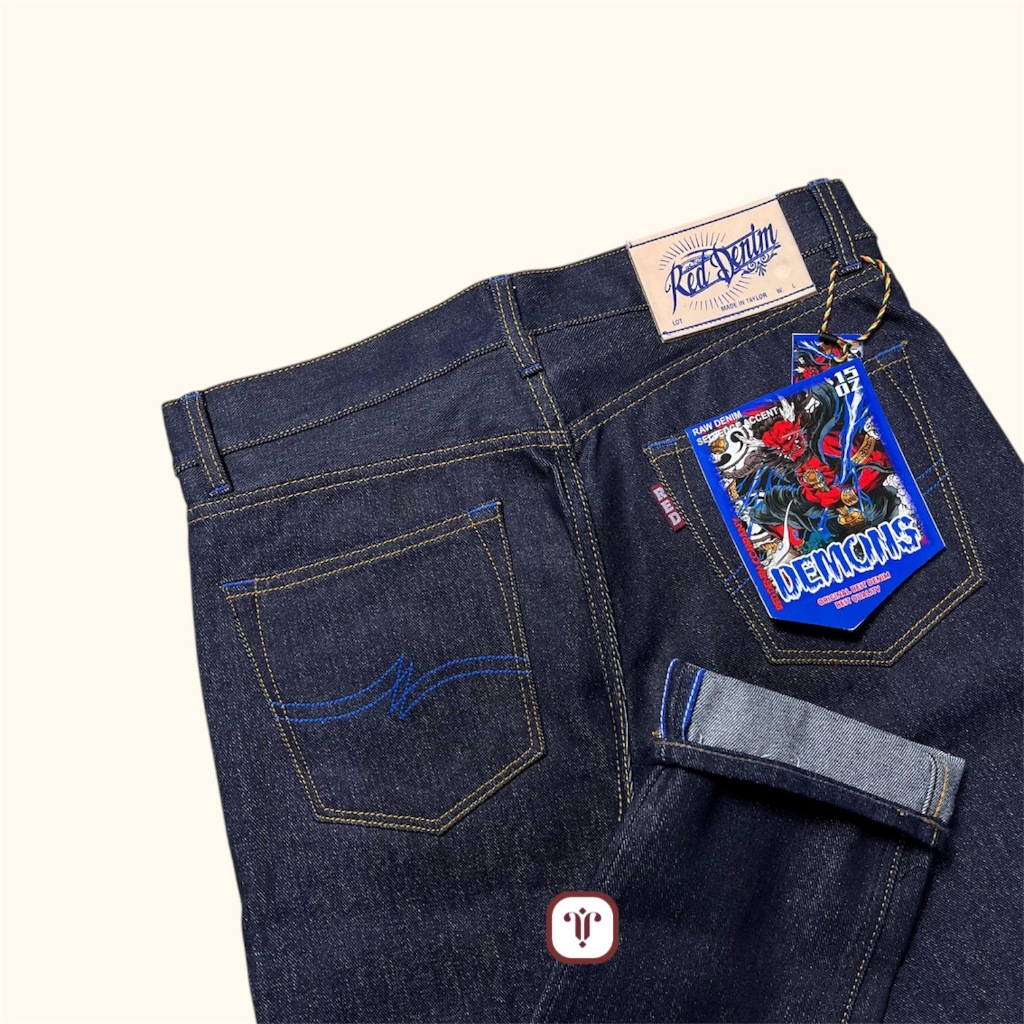 RED DENIM - Denim Sanforized Black Indigo 15Oz Sanforized Raw Denim Accent Selvedge Original