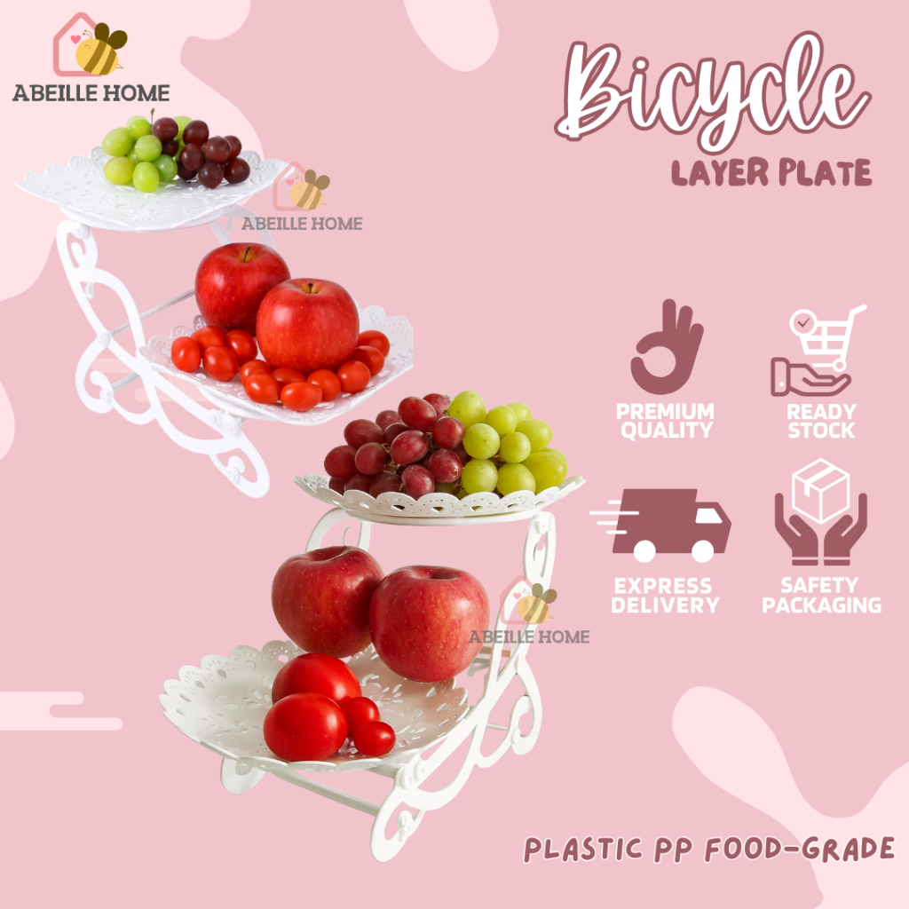 BICYCLE Rak Susun 2 Tingkat Layer Bentuk Sepeda Plastik Putih Elegan | Piring Buah Snack Kue Dessert