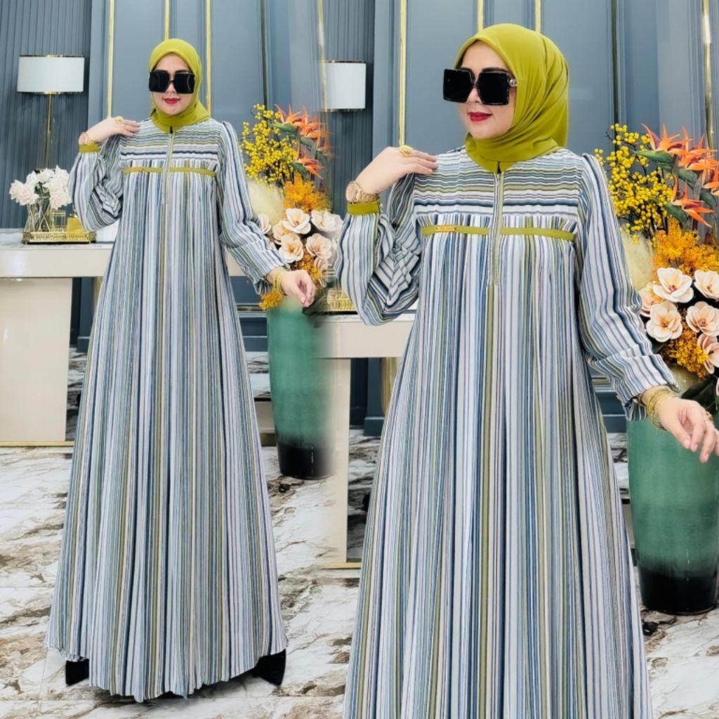 Ready Gamis Elnara motif garis print / COD / Gamis Set Jilbab segiempat
