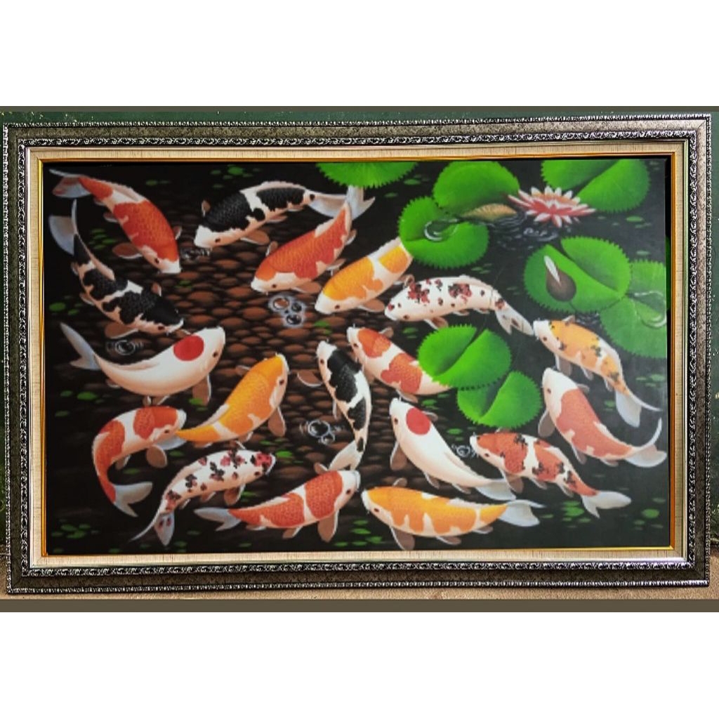 Lukisan Ikan koi Fengshui + Bingkai Pigura Ukuran 135cm x 85cm