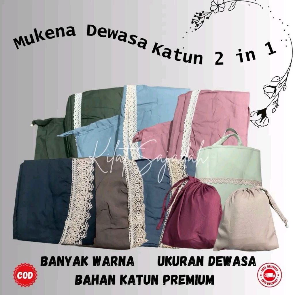 Mukena Dewasa Katun Premium 2in1 Renda Gold dan Putih Bahan Halus Lembut dan Jatuh