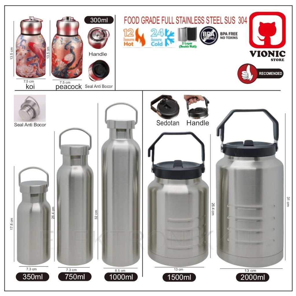 Botol Minum/Tumbler/Termos Tahan Panas & Dingin Stainless Steel Bottle 350/750/1000/1200/1500/2000 m